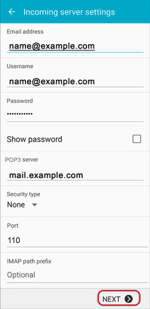 Setup NETZERO.NET email account on your Android Phone Step 3