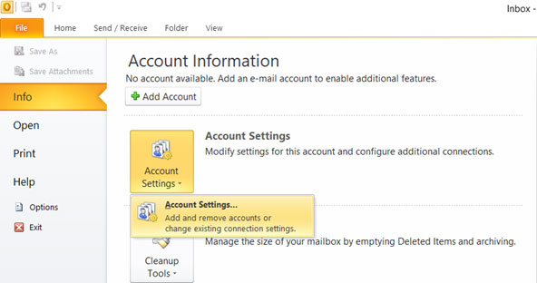 Setup W-LINK.NET email account on your Outlook 2010 Manual Step 1